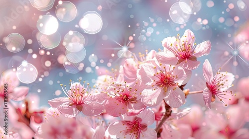 Cherry blossoms in soft focus with sparkling bokeh background, soft tones, fine details, high resolution, high detail, 32K Ultra HD, copyspace © Vodkaz