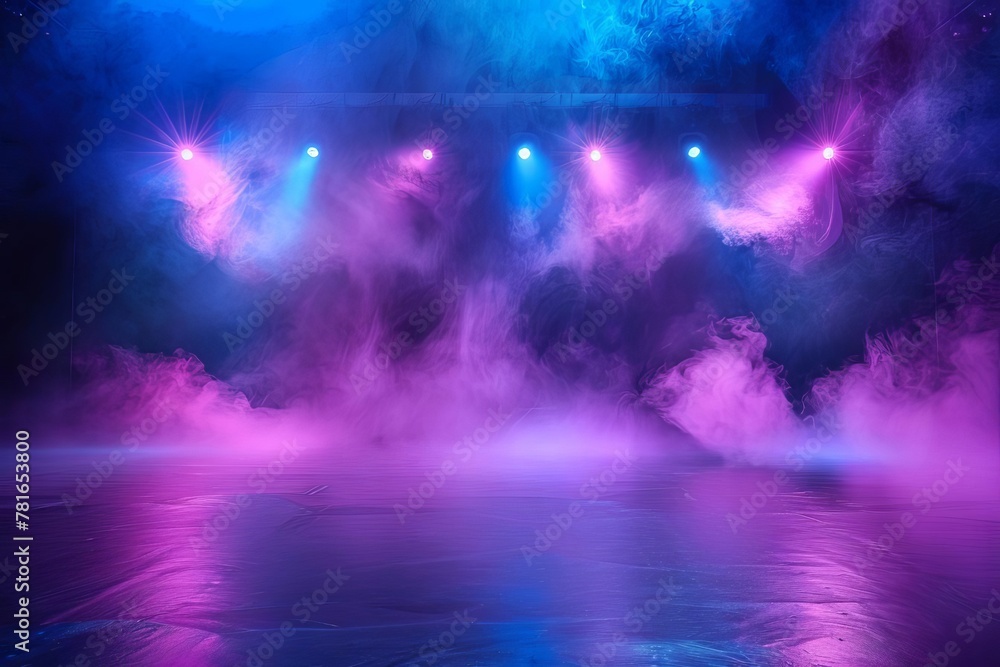 Empty stage with blue and purple lighting and smoke, vector illustration