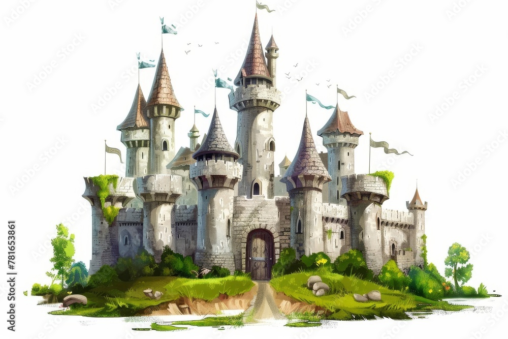 Fairytale medieval castle isolated on white background, digital painting