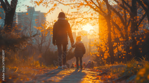 Children on a walk in spring in the city park. The girl is walking in the park. Children and mom are walking around the city.