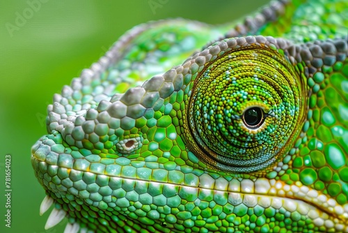 Vibrant green chameleon captured in extreme close-up, showcasing intricate details and textures