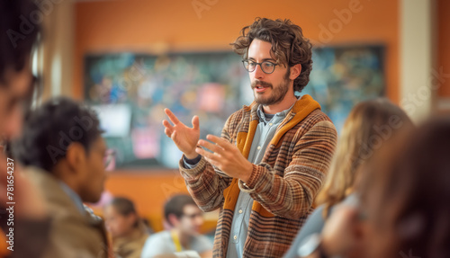A confident young man wearing glasses delivering a presentation or lecture in a classroom setting, gesturing with his hands. Engaging and dynamic public speaking captured in an educational environment