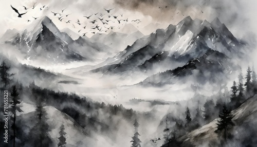 landscape with mountains birds and fog in monochrom painted in watercolor photo