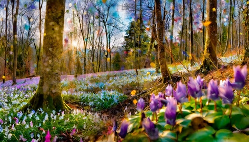 set of horizontal flip calendars with amazing landscapes in minimal style march 2024 first spring flowers blooming in forest colorrful morning scene of woodland glade with corydalis cava flowers photo
