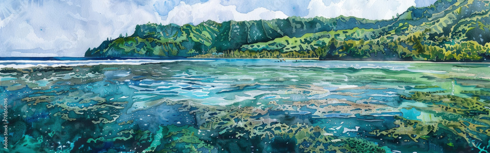 Watercolor painting showcasing a mountain towering over a body of water, creating a dramatic and scenic landscape