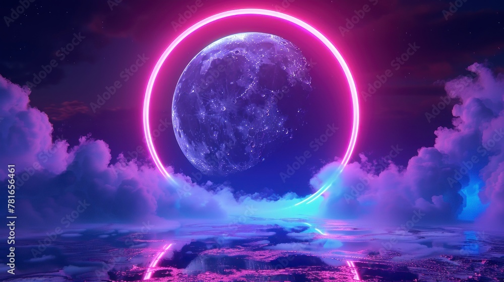 full moon inside a neon circle with clouds and starry sky background full moon inside a neon circle with clouds and starry sky background