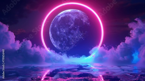 full moon inside a neon circle with clouds and starry sky background