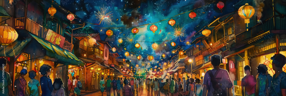 Watercolor painting depicting several individuals walking down a bustling city street illuminated by streetlights at night