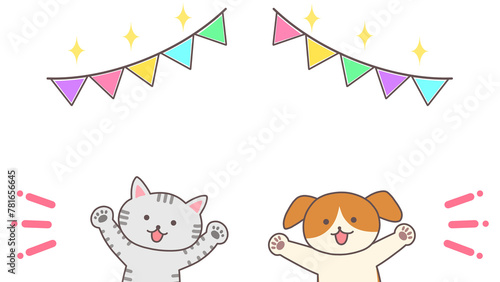 笑顔で両手を上げる犬と猫