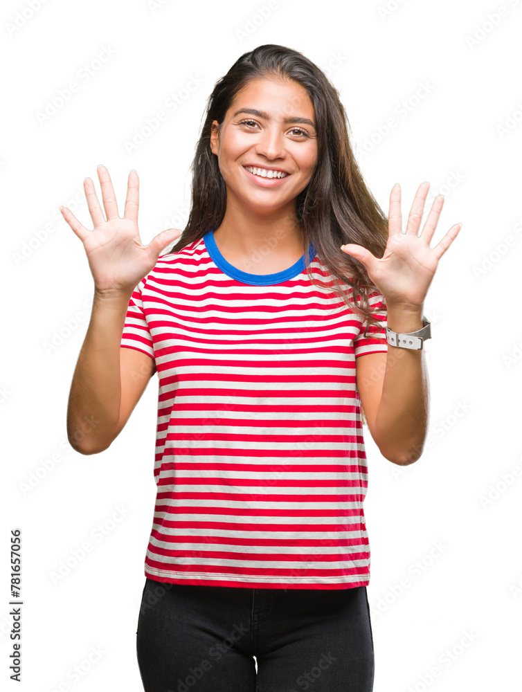 Young beautiful arab woman over isolated background showing and pointing up with fingers number ten while smiling confident and happy. Young beautiful arab woman over isolated background showing and pointing up with fingers number ten while smiling confident and happy.