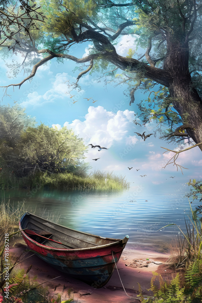 A small boat is anchored on the shore of a calm lake, surrounded by greenery under a clear sky