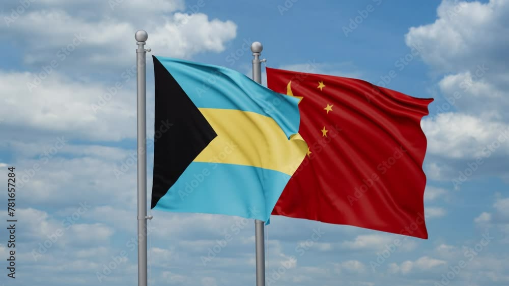 China and Bahamas two flags waving together, looped video, two country relations concept China and Bahamas two flags waving together, looped video, two country relations concept