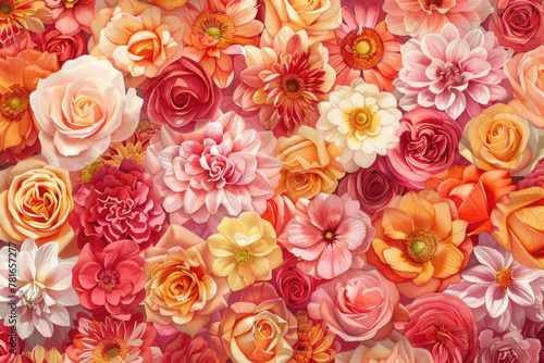 A dense collection of various flowers, featuring roses and dahlias, exhibiting a spectrum of pinks, oranges, and whites