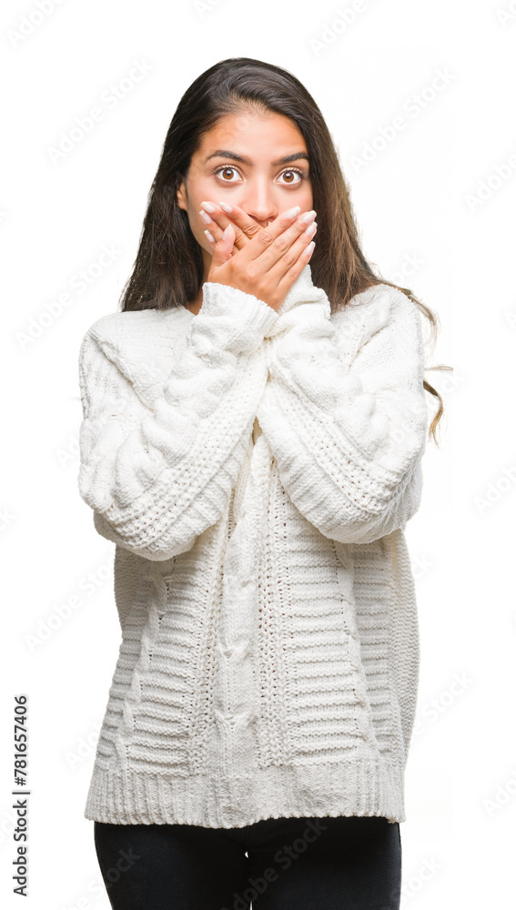 Young beautiful arab woman wearing winter sweater over isolated background shocked covering mouth with hands for mistake. Secret concept. Young beautiful arab woman wearing winter sweater over isolated background shocked covering mouth with hands for mistake. Secret concept.