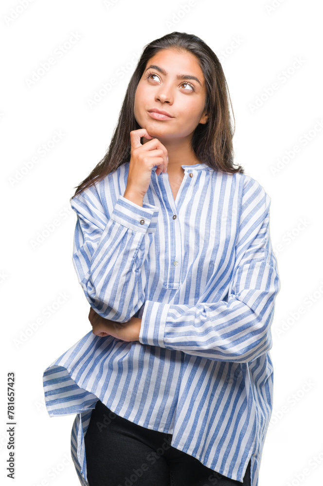 Young beautiful arab woman over isolated background with hand on chin thinking about question, pensive expression. Smiling with thoughtful face. Doubt concept. Young beautiful arab woman over isolated background with hand on chin thinking about question, pensive expression. Smiling with thoughtful face. Doubt concept.