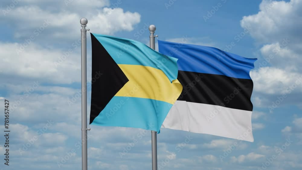 Estonia and Bahamas two flags waving together, looped video, two country relations concept Estonia and Bahamas two flags waving together, looped video, two country relations concept