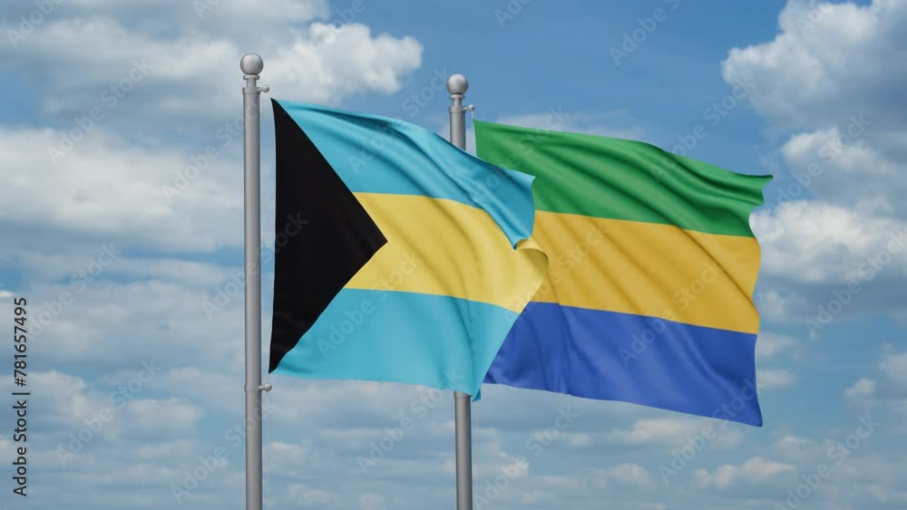 Gabon and Bahamas two flags waving together, looped video, two country relations concept Gabon and Bahamas two flags waving together, looped video, two country relations concept