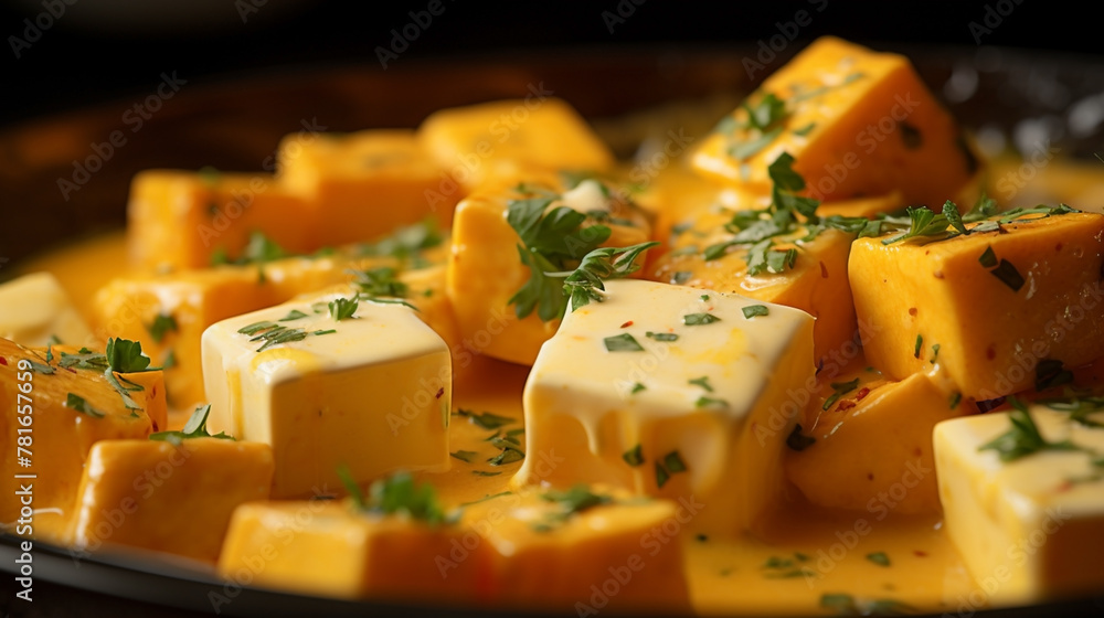 Wide traditional Indian food recipe banner mage, detailed closeup photo of butter paneer curry in a serving dish on a restaurant table in dark background Wide traditional Indian food recipe banner mage, detailed closeup photo of butter paneer curry in a serving dish on a restaurant table in dark background