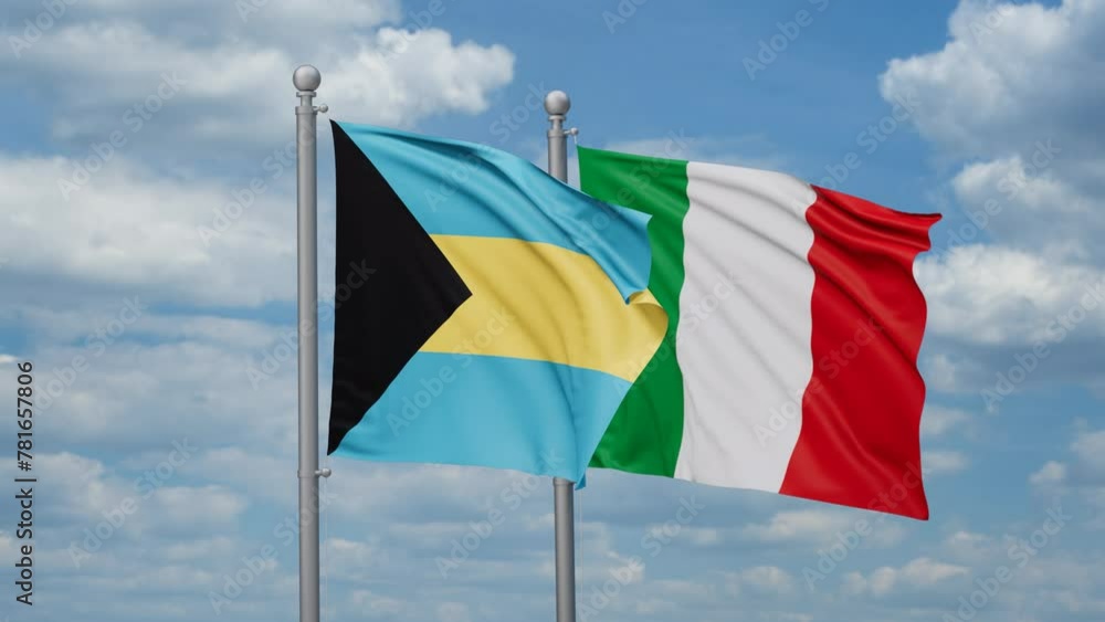 Italy and Bahamas two flags waving together, looped video, two country cooperation concept Italy and Bahamas two flags waving together, looped video, two country cooperation concept