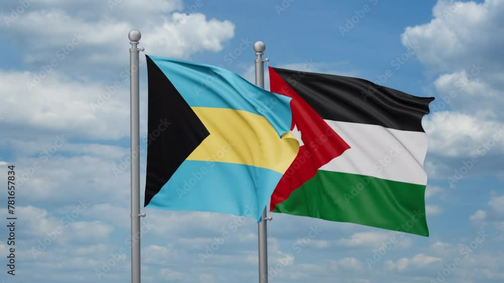 Jordan and Bahamas two flags waving together, looped video, two country relations concept Jordan and Bahamas two flags waving together, looped video, two country relations concept