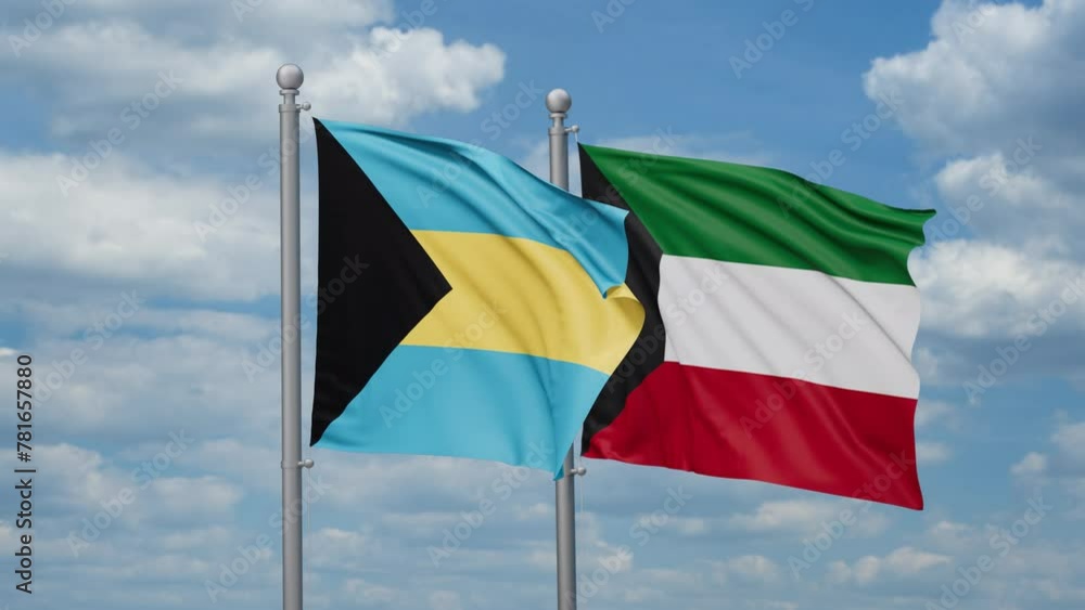 Kuwait and Bahamas two flags waving together, looped video, two country cooperation concept Kuwait and Bahamas two flags waving together, looped video, two country cooperation concept