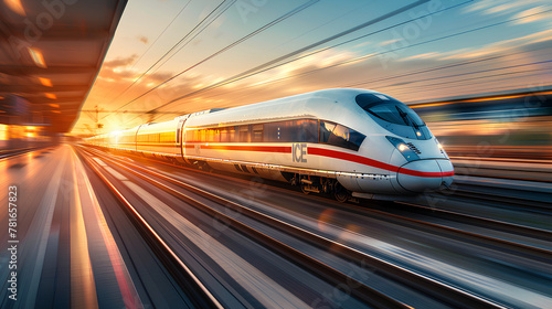  High speed train in motion on the railway station at sunset. Fast moving modern passenger train on railway platform.