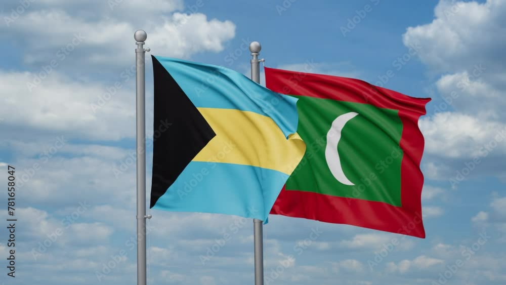 Maldives and Bahamas two flags waving together, looped video, two country relations concept Maldives and Bahamas two flags waving together, looped video, two country relations concept