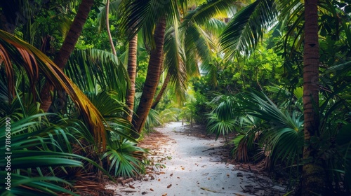 A path winding through a lush jungle with tall palm trees