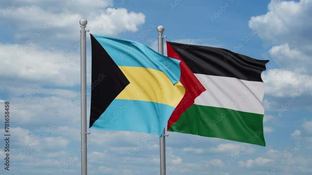 Palestine and Gaza Strip and Bahamas two flags waving together on blue sky, looped video Palestine and Gaza Strip and Bahamas two flags waving together on blue sky, looped video