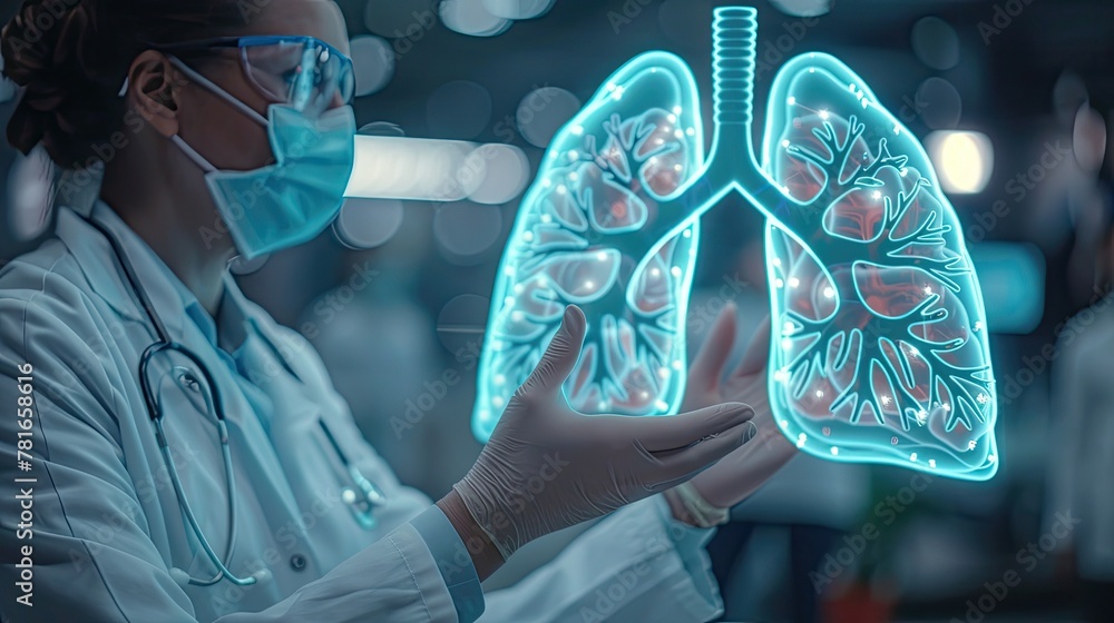 A doctor presenting a holographic projection of human lungs, soft tones, fine details, high resolution, high detail, 32K Ultra HD, copyspace - obrazy, fototapety, plakaty 