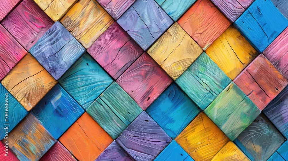 Artistic pattern of colorful painted wood blocks in diagonal checker arrangement Artistic pattern of colorful painted wood blocks in diagonal checker arrangement
