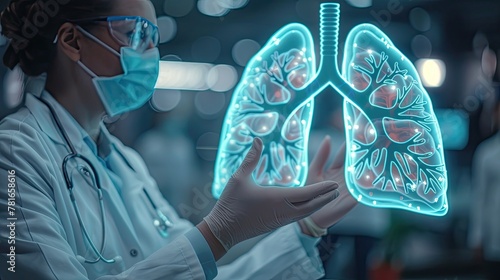 A doctor presenting a holographic projection of human lungs, soft tones, fine details, high resolution, high detail, 32K Ultra HD, copyspace
