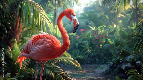 A pink flamingo stands in a lush  fantastical tropical setting  soft tones  fine details  high resolution  high detail  32K Ultra HD  copyspace