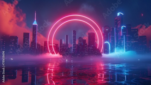 neon retro city with a neon circle in the middle futuristic style with clouds in high resolution