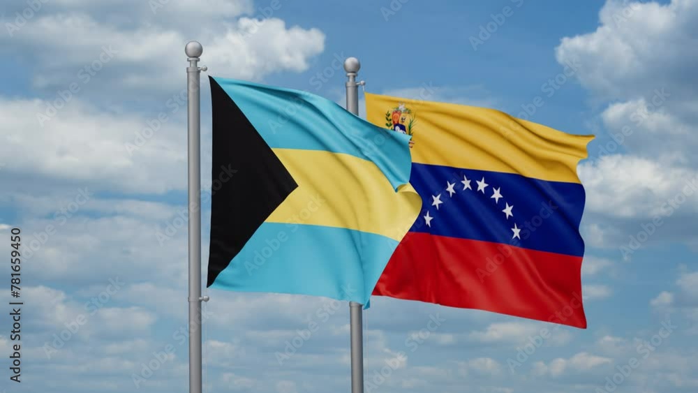 Venezuela and Bahamas two flags waving together, looped video Venezuela and Bahamas two flags waving together, looped video