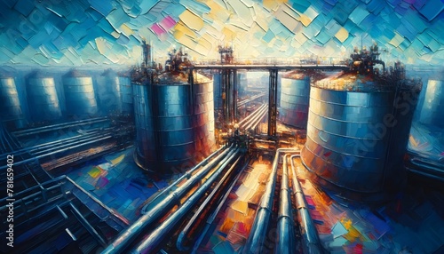 Artistic impression of a petrochemical plant with vibrant, stylized tanks and pipelines under a fragmented sky.
