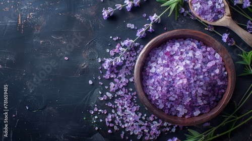 Purple salt in a dish with a spoon surrounded by lavender blossoms