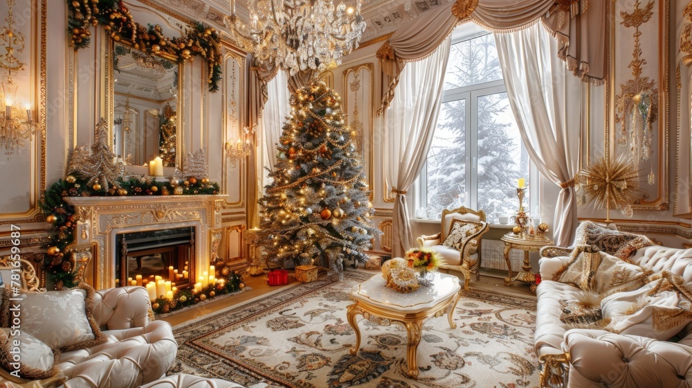Naklejka premium Room with christmas tree and fireplace