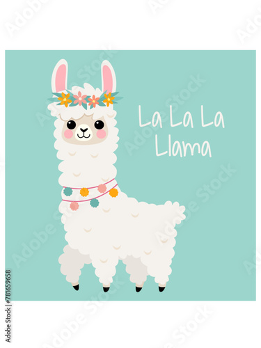 Cartoon llama with flowers isolated on pink background. Vector design for poster, birthday card and other use.