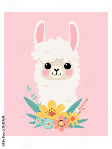 Cartoon llama with flowers isolated on pink background. Vector design for poster, birthday card and other use.