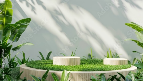 Modern eco-friendly podium with green grass and plants on a white background with natural light shadows for product display.