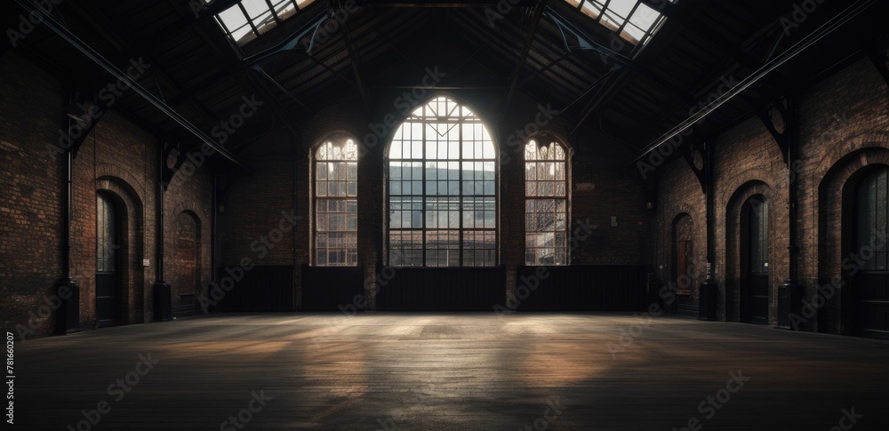 Spacious industrial loft with high ceilings, large windows, and natural light casting shadows on wooden floor, suitable for a modern urban interior backdrop.