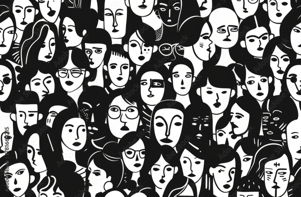 Black and white vector illustration of a crowd of faces from different nationalities and ages in a seamless pattern created Generative AI Black and white vector illustration of a crowd of faces from different nationalities and ages in a seamless pattern created Generative AI