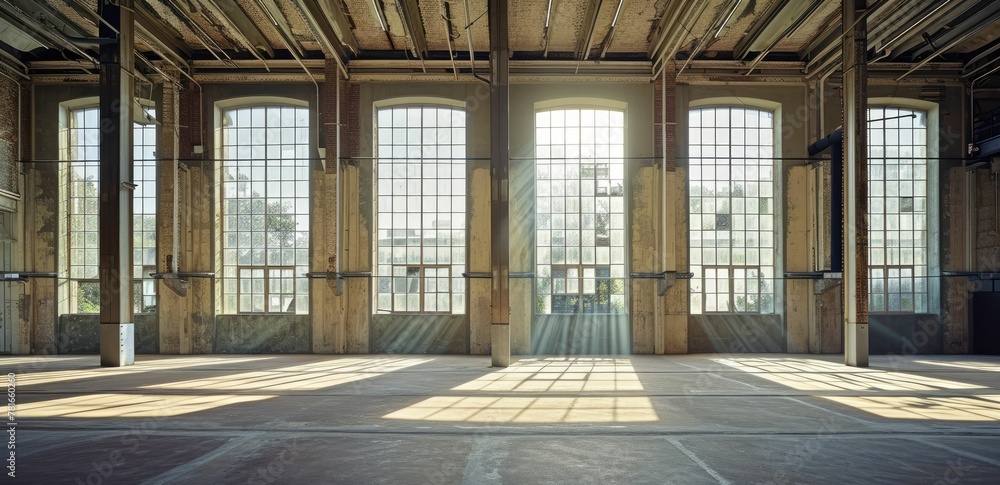 Spacious industrial loft with large windows, sunlight casting shadows on wooden floor, exposed beams and columns, ideal for modern workspace or studio.