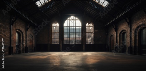 Spacious industrial loft with high ceilings, large windows, and natural light casting shadows on wooden floor, suitable for a modern urban interior backdrop. © AdibaZR
