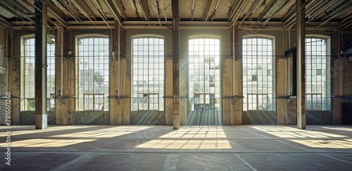 Spacious industrial loft with large windows, sunlight casting shadows on wooden floor, exposed beams and columns, ideal for modern workspace or studio.