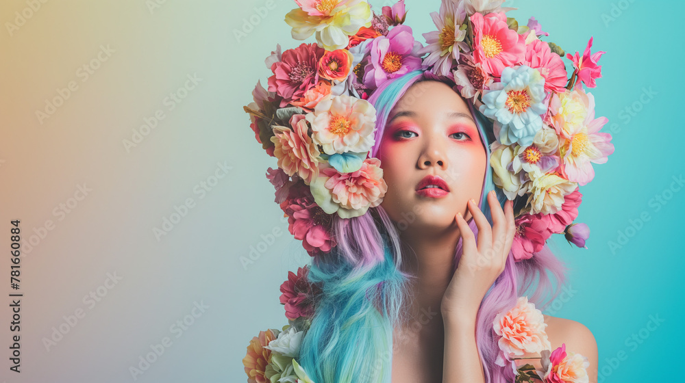 beautiful surreal lady with rainbow colored flowers on her head, beauty wallpaper with copy space