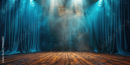 Elegant theater stage with blue velvet curtains and spotlight on wooden floor, empty dramatic scene background with copy space.