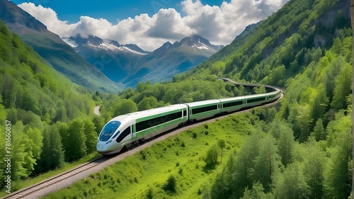 Fast train passing through a verdant, mountainous, and forest-filled environment is an example of a green energy and transportation concept.