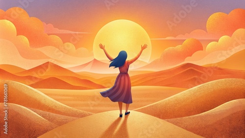 A woman walking through the desert toward the setting sun is seen smiling and laughing her arms lifted towards the sky. Though the journey has